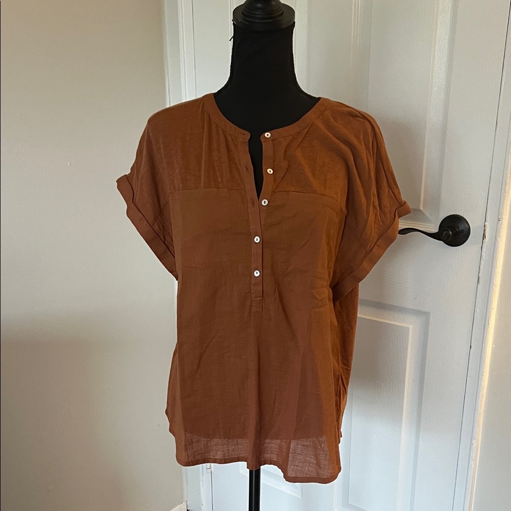 Lucky Brand Mixed Media Rust Brown Short-Sleeve Henley Blouse, size L